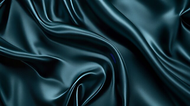 Dark teal green silk satin. Shiny smooth fabric, soft folds. Luxury background with space for design. Flat lay, top view. Birthday, Christmas, Valentine&acirc;&euro;&trade;s, New Year&acirc;&euro;&trade;s theme. 