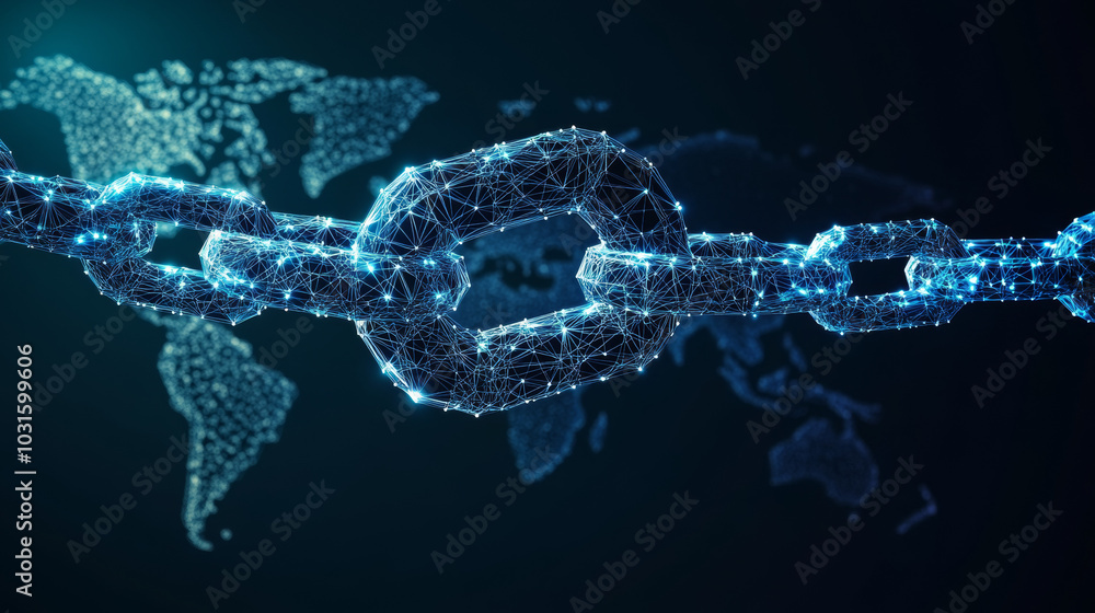Poster a global business concept using a chain and world map to show secure connections. the design feature