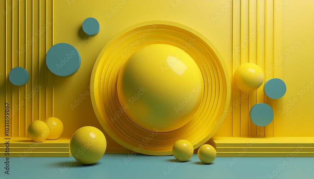 Poster abstract 3d render of composition with yellow spheres, modern background design