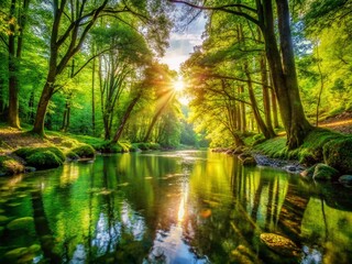 Obraz premium Serene River Flowing Through Lush Green Forest Landscape with Reflections and Sunlight Filtering Through Trees