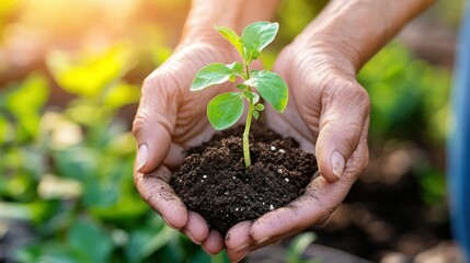 Hands Holding a Small Green Plant and Soil