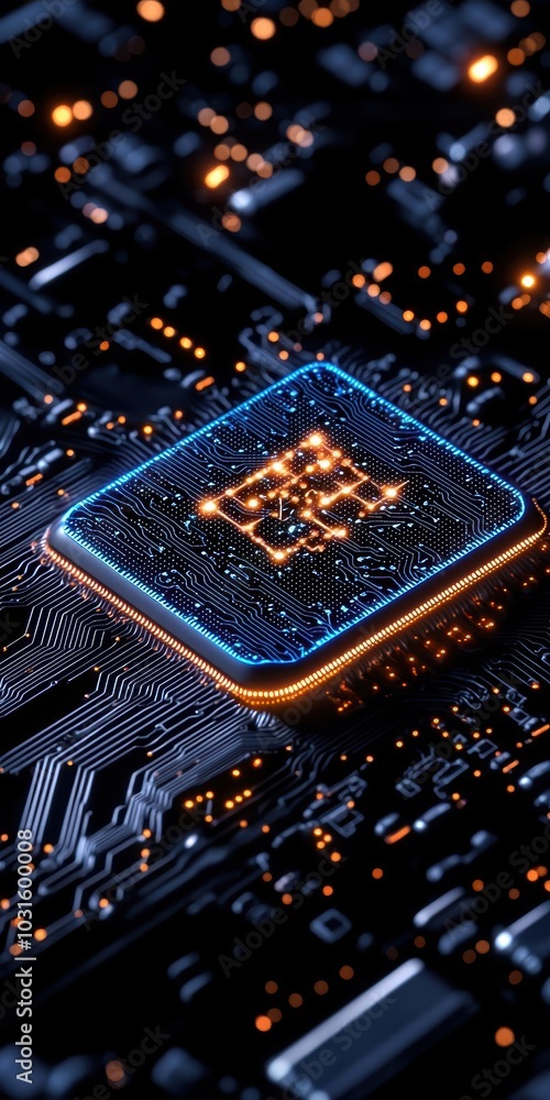 Poster a close-up view of a microchip illuminated on a circuit board, showcasing intricate details and glow