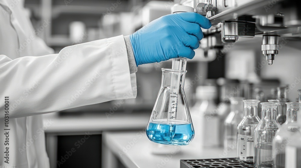 Poster A Scientist Holding a Flask of Blue Liquid in a Laboratory Setting