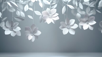 Delicate white paper flowers hanging against a soft gray background, creating an ethereal and serene ambiance, perfect for decorative and artistic purposes.