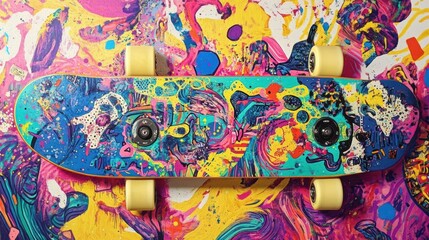 Colorful skateboard on painted surface.
