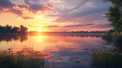 Obraz premium Sunset over tranquil lake with reeds and lilies.