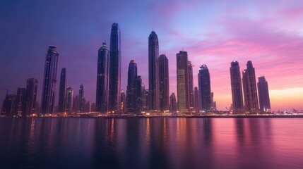 Fototapeta premium City Skyline with Tall Buildings Reflecting on Water at Sunset