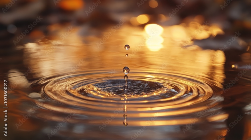 Poster a single water drop falls into a pool of water, creating concentric ripples with a blurred backgroun