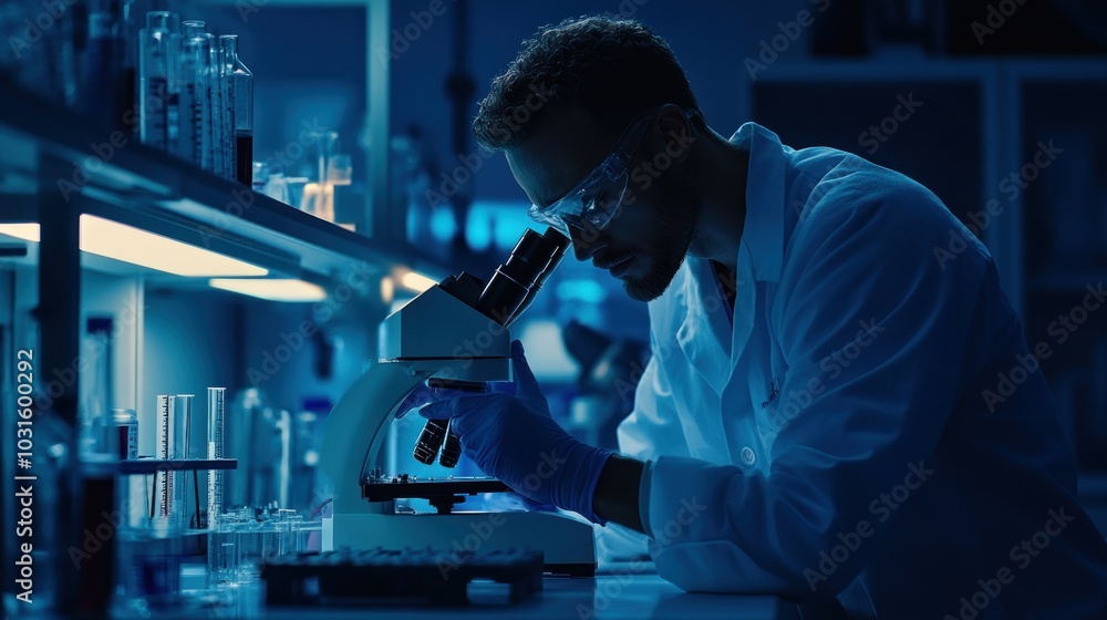Poster Scientist in Lab Coat Using a Microscope for Research