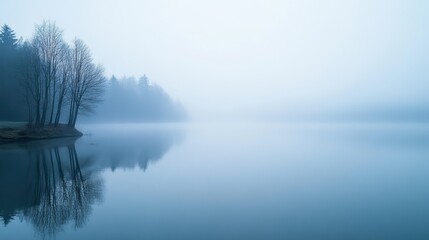 Fototapeta premium Misty lake reflecting bare trees.