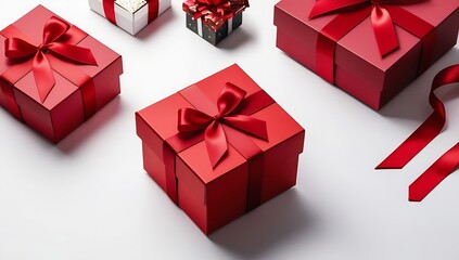 Bold and festive red gift box with a red ribbon bow, on a plain white background. Perfect for holiday greetings, birthday celebrations, and festive designs.