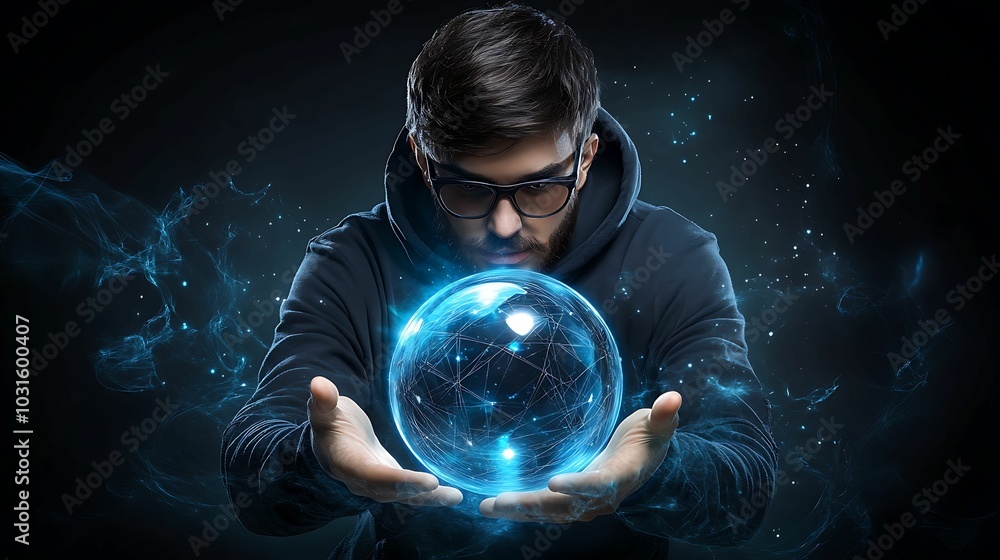 Poster captivating visual of a man harnessing energy with a mysterious sphere in his hands emphasizing the 