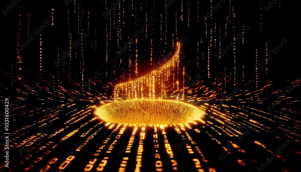 Poster abstract digital swirl with golden particles on a black background, representing data flow and conne