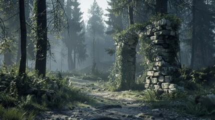 Serene Forest Pathway with Stone Ruins