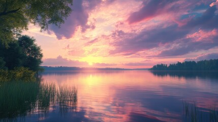 Naklejka premium Pink sunset reflecting in lake water.