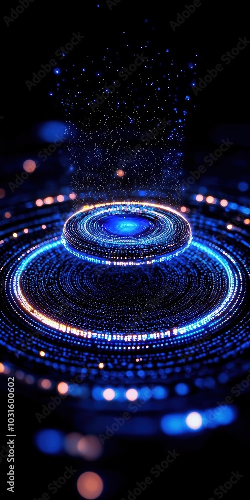 Poster abstract glowing blue orbs in a spiraling pattern, creating a futuristic vibe.