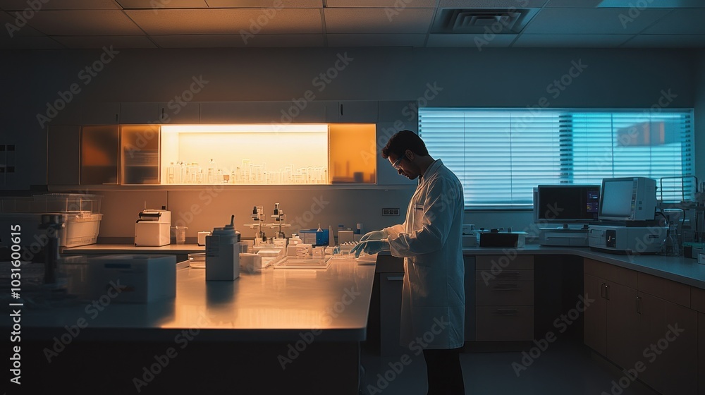 Poster a scientist in a lab coat works at a counter in a laboratory