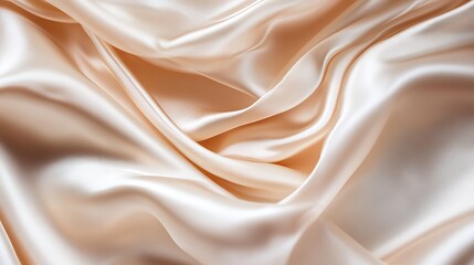 Fototapeta premium Elegant satin fabric with a beige color. Luxurious texture with soft folds. Festive wedding background design