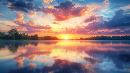 Naklejka premium Sunset reflected in calm lake water.