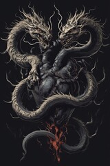 Fototapeta premium Dragons Twisting Around Black Heart - Mystical Dark Fantasy Design