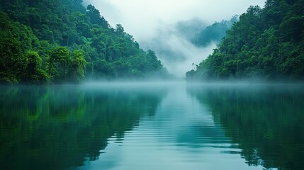 Foggy lake reflecting green trees.