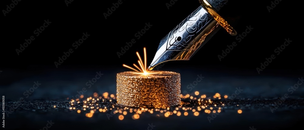Poster close-up of a glowing fountain pen nib creating sparks on a textured surface, dark background