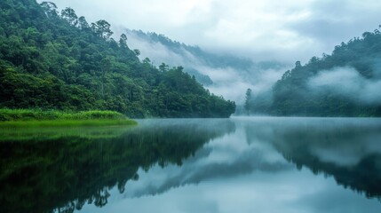 Naklejka premium Misty lake reflecting forested hills.