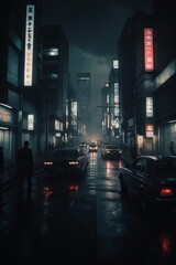 Moody Noir Tokyo Illustration at Night - Shadowy Urban Vibes