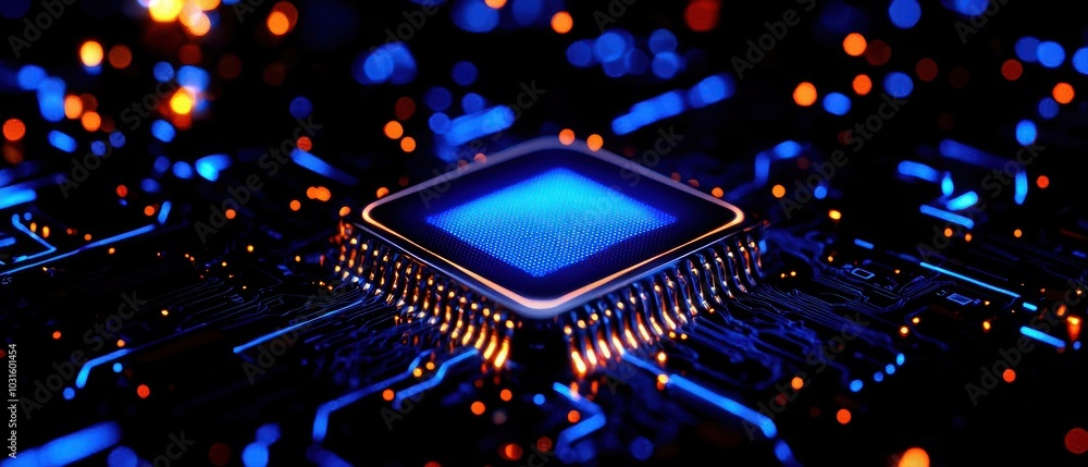 Poster close-up of a microchip on a circuit board, illuminated with blue and orange lights, showcasing intr