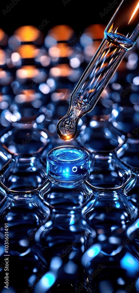 Poster close-up of a pipette dropping liquid onto a hexagonal structure, showcasing intricate patterns and 