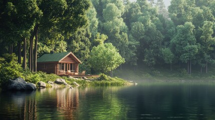 Cabin by a lake in a misty forest.