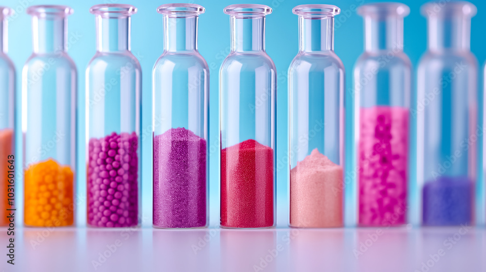 Poster a series of clear glass vials containing an array of colored powders are lined up on a surface, show