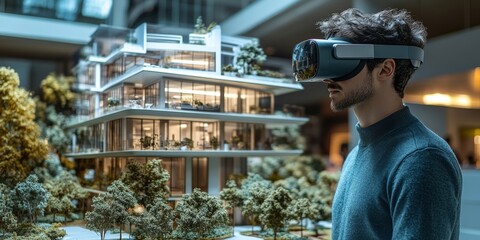 Person wearing a VR headset and exploring virtual real estate properties and architectural designs, VR technology for immersive property tours and visualization in the real estate, Generative AI