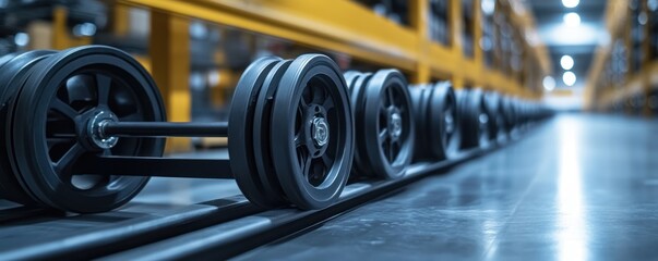 Fototapeta premium Industrial Train Wheels in Long Perspective Inside a Factory Hall with Bright Lighting