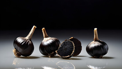 Black garlic clove sitting on a reflective surface, creating a mirrored effect of the rich, dark texture