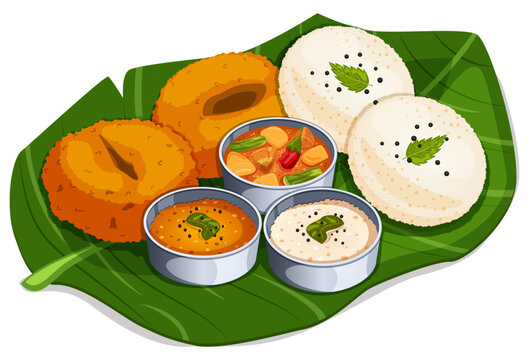 Idli, Vada, & Sambar with Kara and Coconut Chutneys Served on a Whole Banana Leaf - Traditional South Indian Breakfast Cuisine Detailed Illustration 