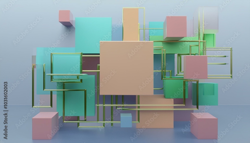 Poster abstract 3d rendering of geometric shapes. composition with squares