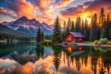 Fototapeta premium Serene Sunset Cabin Reflections at Mountain Lake - Nature's Peaceful Retreat