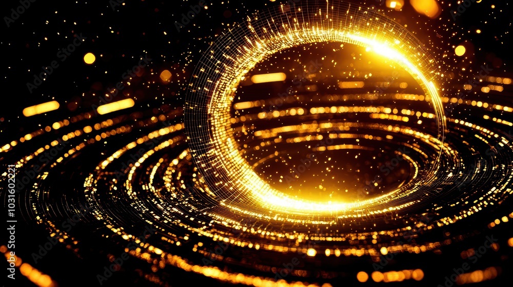 Poster dynamic golden swirl with sparkles on a dark background, creating an ethereal swirling motion.