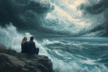 Couple sits on a cliff overlooking a stormy sea with dramatic clouds above.