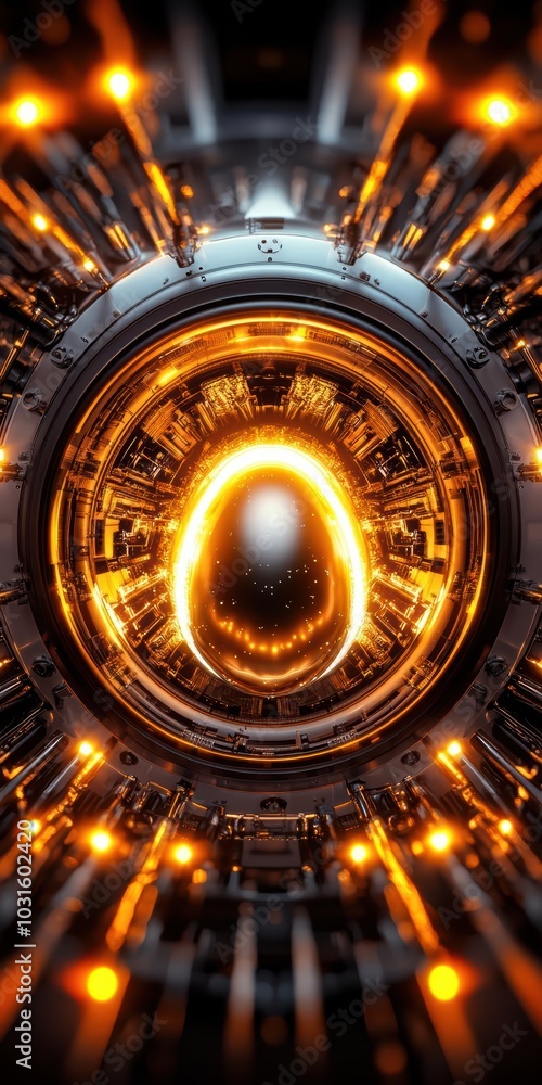 Poster futuristic abstract design featuring glowing lights and circular patterns on a dark background.