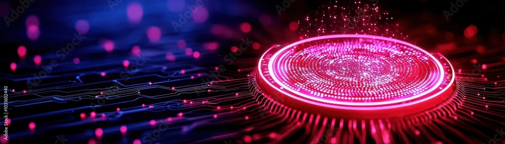 Poster futuristic digital background with glowing circular elements and vibrant colors, perfect for tech pr