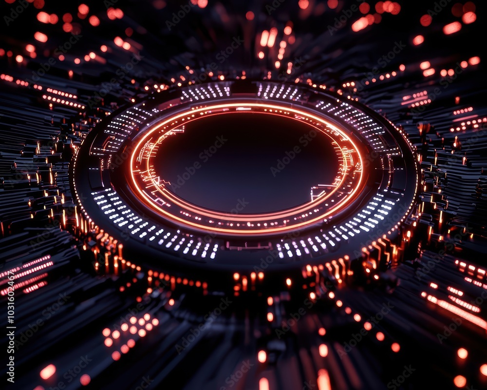 Poster futuristic digital circular interface with glowing patterns and vibrant colors, ideal for tech backg