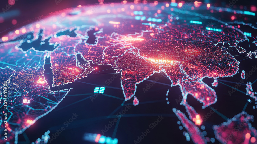 Poster a world map shows a network of connections across continents. the map highlights asia, focusing on c