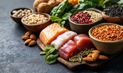 Keto-Friendly Ingredients: Close-up shots of keto-friendly ingredients nuts, seeds, lean meats, and green leafy vegetables, arranged in a visually appealing, Generative AI
