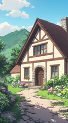 Fototapeta premium Charming Stone Cottage with Mountain View