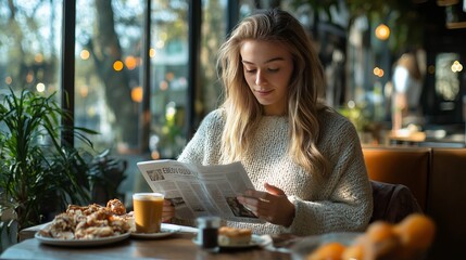 Young woman sitting in a warm, inviting caf� drinking coffee and browsing on her phone in a peaceful morning atmosphere