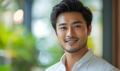 Obraz premium Portrait of young handsome asian rapper smile at engineer studio, Generative AI