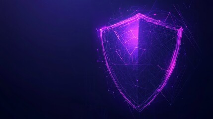Guard shield. Cybersecurity concept with glowing low poly shield on a dark blue background. Wireframe low poly design. Abstract futuristic vector illustration. 