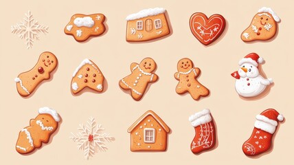 Set watercolor elements with Gingerbread cookies,Cute christmas gingerbread man and girl,New Year,menu,season greeting,xmas,sweet homemade biscuits in the form of different characters,holiday items.